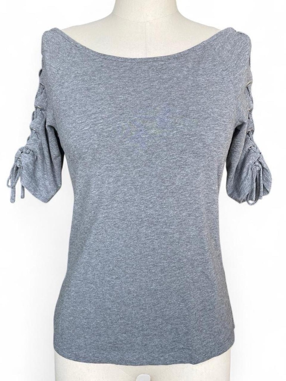 H&M grey long sleeve top with silver grommet lace up tie sleeves